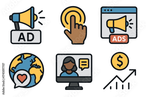 Digital advertising and online marketing icon set. Colorful symbols of promotion and PPC