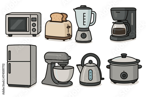 Kitchen appliances and cooking equipment icon set. Colorful cartoon symbols of household electronics