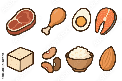 Protein food sources icon set. Colorful symbols of meat and plant-based protein