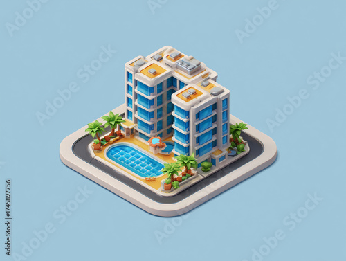 Isometric hotel building with swimming pool and palm trees