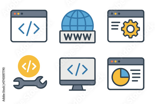 Web development icon set. Colorful symbols of coding and website maintenance