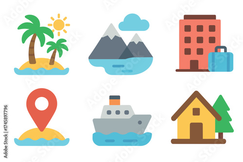 Travel and vacation destinations icon set. Flat color symbols of tourism and holidays