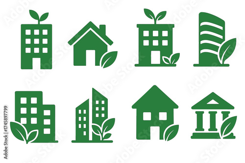 Green building and eco-friendly property icon set. Solid green symbols of sustainable architecture