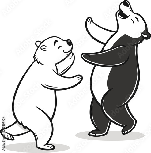 Playful silhouette bears dancing joyfully together on white circles isolated on transparent background