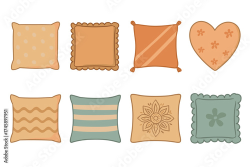 Decorative pillows and cushions icon set. Colorful symbols of home decor