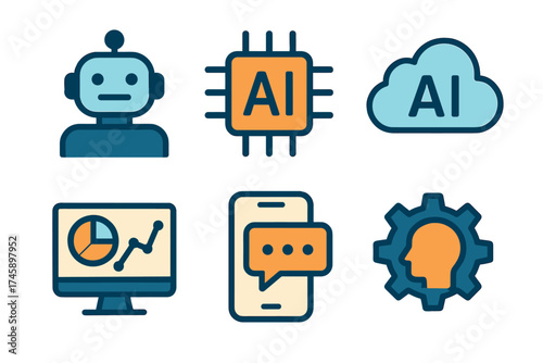 Artificial intelligence and chatbot icon set. Colorful symbols of AI technology and robotics