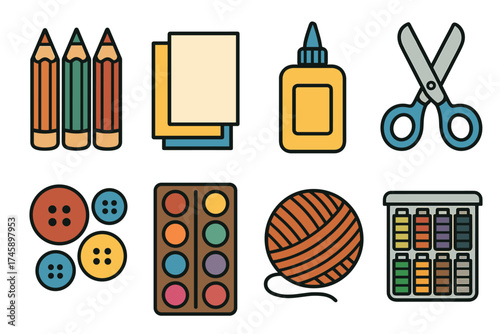 Arts and crafts supplies icon set. Colorful symbols of creative hobbies and DIY