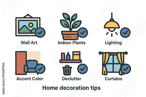 Home decoration tips icon set. Colorful symbols of interior design elements
