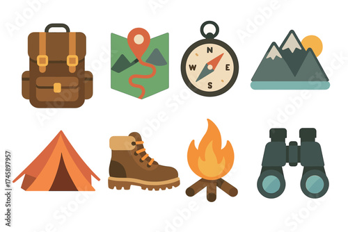 Camping and hiking icon set. Flat color symbols of outdoor adventure gear