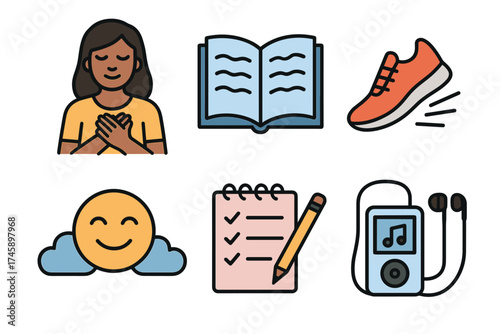 Self-care and wellbeing icon set. Colorful symbols of mental health and relaxation