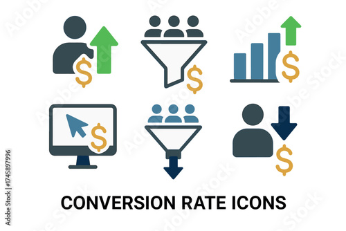 Conversion rate and sales funnel icon set. Colorful symbols of marketing optimization