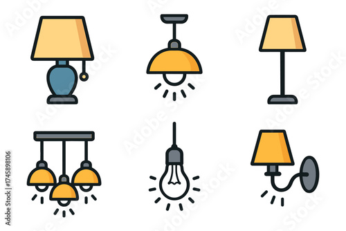 Lamps and lighting icon set. Colorful symbols of home and office light fixtures