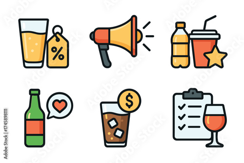 Beverage promotion and bar marketing icon set. Colorful symbols of drink specials
