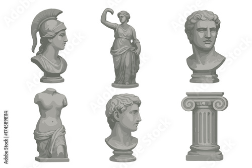 Greek and Roman statues icon set. Grayscale illustrations of classical sculpture