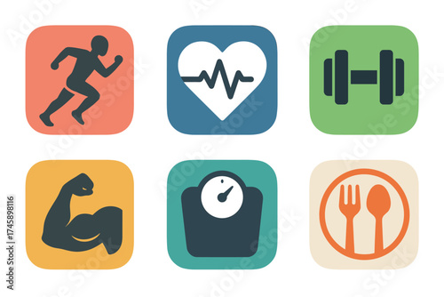 Fitness app and health icon set. Flat color symbols for activity tracking
