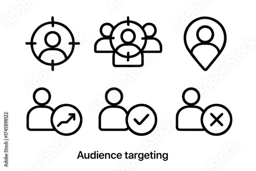 Audience targeting icon set. Vector line art symbols of marketing and customer segmentation