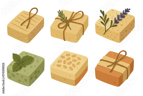 Handmade soap and natural cosmetics icon set. Detailed color illustrations of organic bath products