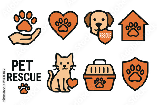 Pet rescue and animal shelter icon set. Colorful symbols of adoption and veterinary care