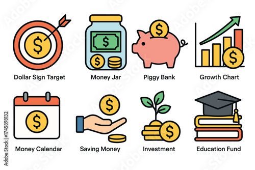 Saving money and investment icon set. Colorful symbols of financial goals