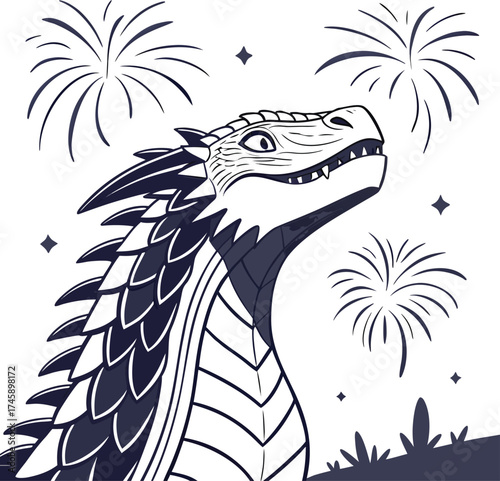 Mysterious dinosaur silhouette under tropical night sky with fireworks isolated on transparent background