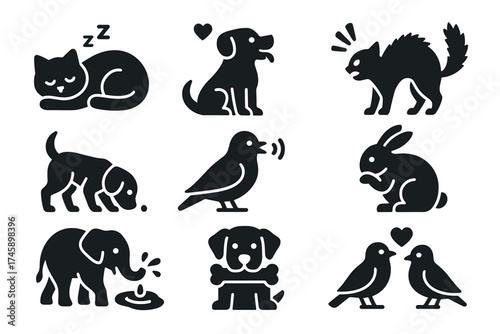 Cute animal and pet silhouette icon set. Black vector collection of cat, dog, bird, rabbit, and elephant characters.