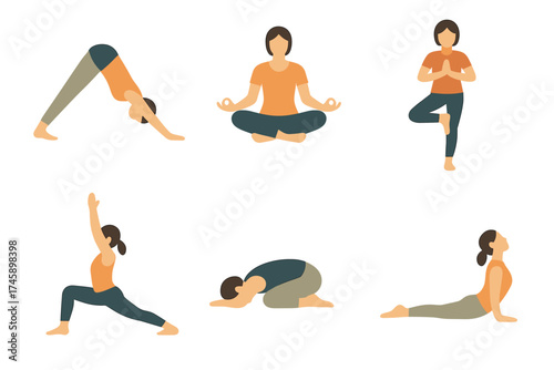 Woman in yoga poses vector illustration set. Collection of asanas for fitness, wellness, and meditation.