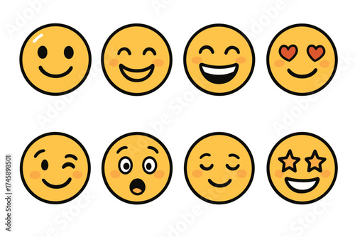 Yellow emoji and emoticon vector icon set. Collection of cute smiley faces with different expressions.