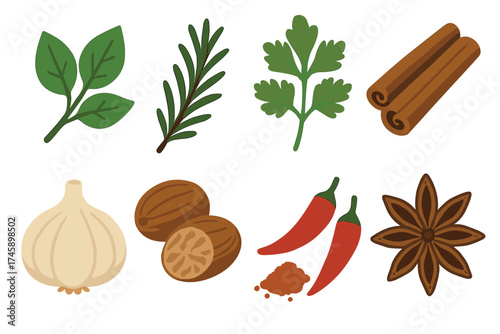 Herbs and spices vector illustration set. Collection of cooking ingredients like basil, rosemary, cinnamon, and garlic.