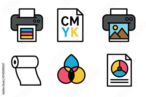 Printing and color management vector icon set. Symbols for print shop, CMYK, and graphic design.
