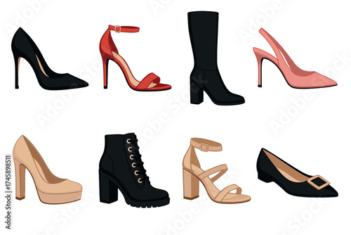 Women's shoes vector illustration set. Collection of elegant high heels, boots, sandals, and pumps.