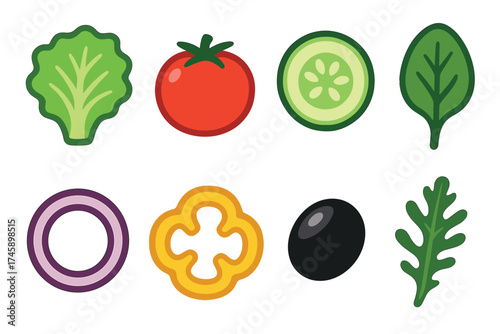 Fresh salad ingredients vector icon set. Collection of flat vegetables like lettuce, tomato, cucumber, and onion.