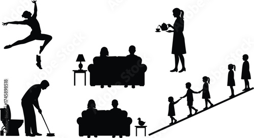 Family silhouettes, house chores, parents with children, woman serving tea, man cleaning, kids walking, ballet dancer, home lifestyle illustration, domestic life
