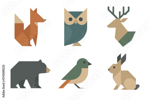 Geometric forest animals vector logo set. Collection of fox, owl, deer, and bear in a minimalist polygonal style.