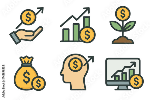 Financial growth and investment vector icon set. Symbols of money, savings, profit, and stock market success.