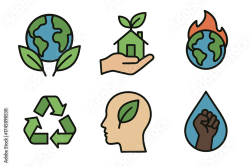 Ecology and environment vector icon set. Symbols for sustainability, recycling, climate change, and conservation.