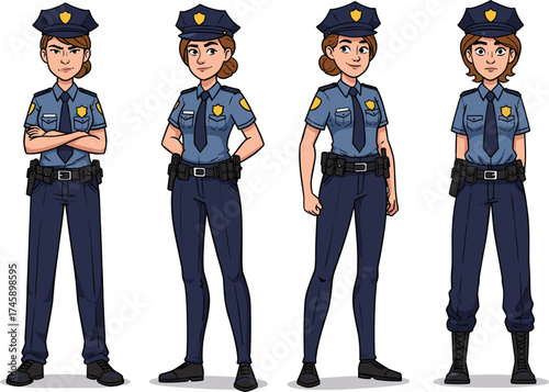 Cartoon female police officer characters, blue uniform variations, confident stances, vector illustration for animation, law enforcement design, patrol, stock image