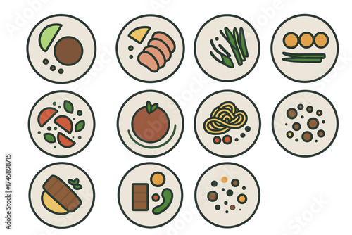 Food dishes and ingredients top view vector icon set. Minimalist collection of various meals on plates.