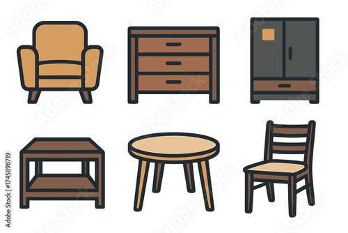 Home furniture vector icon set. Collection of interior design elements like chair, table, and wardrobe.