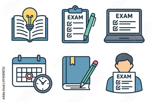 Exam and education test vector icon set. Symbols for studying, school assessment, and online examination.