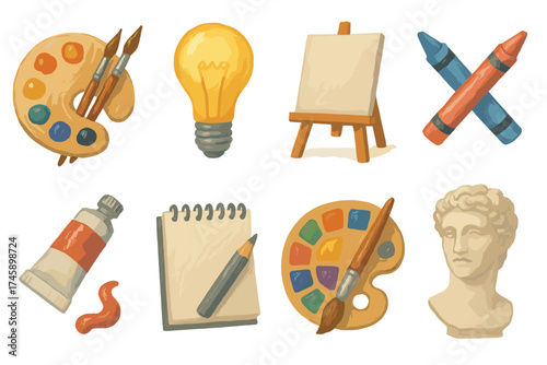 Art supplies and creativity vector illustration set. Collection of painting and drawing tools like palette, easel, and brushes.