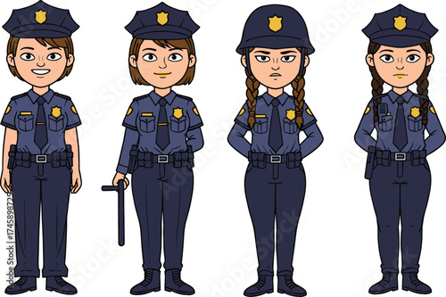 Cartoon female police officer characters, uniform and gear variations, baton and helmet styles, vector illustration for animation, patrol, stock image