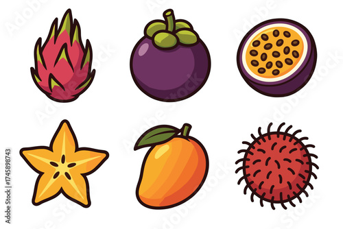 Tropical fruits cartoon vector illustration set. Collection of exotic dragon fruit, mango, and passion fruit.