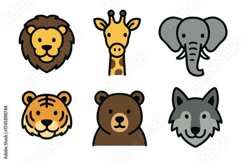 Wild animal heads cute cartoon vector icon set. Collection of lion, giraffe, elephant, and tiger faces.