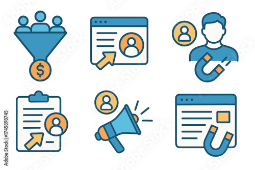 Lead generation and customer acquisition vector icon set. Digital marketing symbols for sales funnel and inbound strategy.