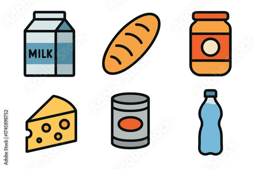 Grocery store food and drink vector icon set. Collection of basic products like milk, bread, cheese, and water.