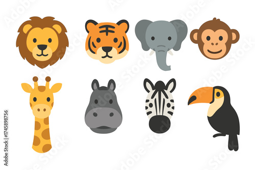 Cute jungle and safari animal heads vector set. Collection of flat design lion, tiger, elephant, and monkey faces.