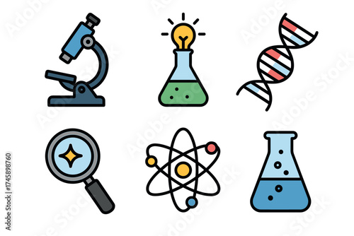Science and research vector icon set. Symbols of biology, chemistry, and physics for laboratory and education.