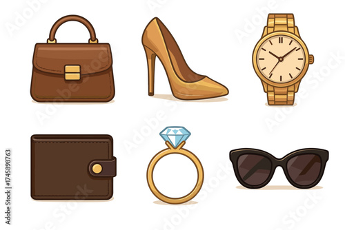 Luxury fashion accessories vector illustration set. Collection of handbag, high heel shoe, watch, and diamond ring.
