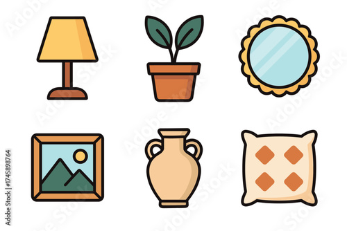 Home decor and interior design vector icon set. Simple symbols of lamp, plant, mirror, and furniture.