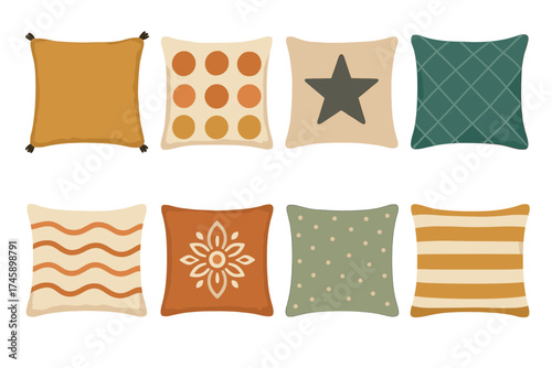 Decorative pillows and cushions vector illustration set. Collection of cozy boho style pillows with various patterns.